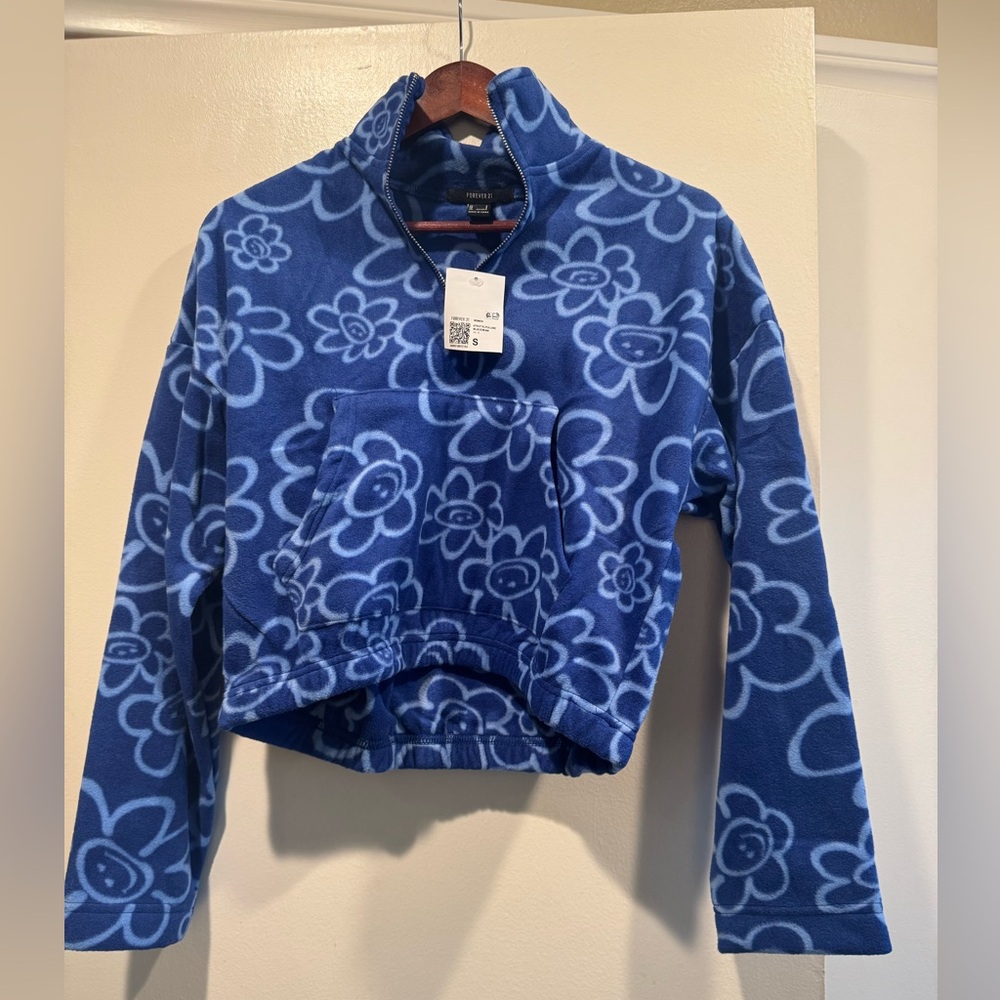 Forever 21 Happy Smiley Face Floral Half-Zip Pullover Fleece |NWT | Size Small